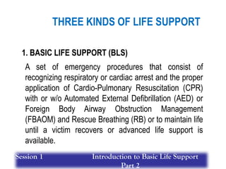 1. BASIC LIFE SUPPORT (BLS)
A set of emergency procedures that consist of
recognizing respiratory or cardiac arrest and the proper
application of Cardio-Pulmonary Resuscitation (CPR)
with or w/o Automated External Defibrillation (AED) or
Foreign Body Airway Obstruction Management
(FBAOM) and Rescue Breathing (RB) or to maintain life
until a victim recovers or advanced life support is
available.
THREE KINDS OF LIFE SUPPORT
Session 1 Introduction to Basic Life Support
Part 2
 