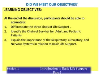 SL.ppt/TR/FC 20 35
BLS for HCP
Session 1 Introduction to Basic Life Support
Part 2
LEARNING OBJECTIVES:
At the end of the discussion, participants should be able to
accurately:
1. Differentiate the three kinds of Life Support .
2. Identify the Chain of Survival for Adult and Pediatric
Patients.
3. Explain the importance of the Respiratory, Circulatory, and
Nervous Systems in relation to Basic Life Support.
DID WE MEET OUR OBJECTIVES?
 