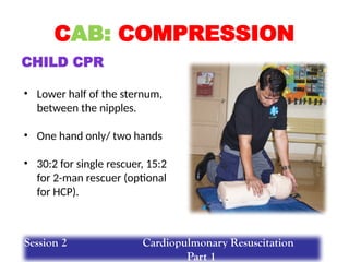 CAB: COMPRESSION
CHILD CPR
• Lower half of the sternum,
between the nipples.
• One hand only/ two hands
• 30:2 for single rescuer, 15:2
for 2-man rescuer (optional
for HCP).
Session 2 Cardiopulmonary Resuscitation
Part 1
 