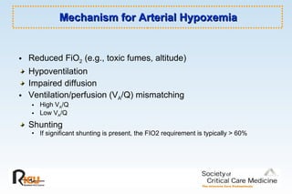 Mechanism for Arterial Hypoxemia Reduced FiO 2  (e.g., toxic fumes, altitude) Hypoventilation Impaired diffusion Ventilation/perfusion (V A /Q) mismatching High V A /Q  Low V A /Q Shunting If significant shunting is present, the FIO2 requirement is typically > 60% 