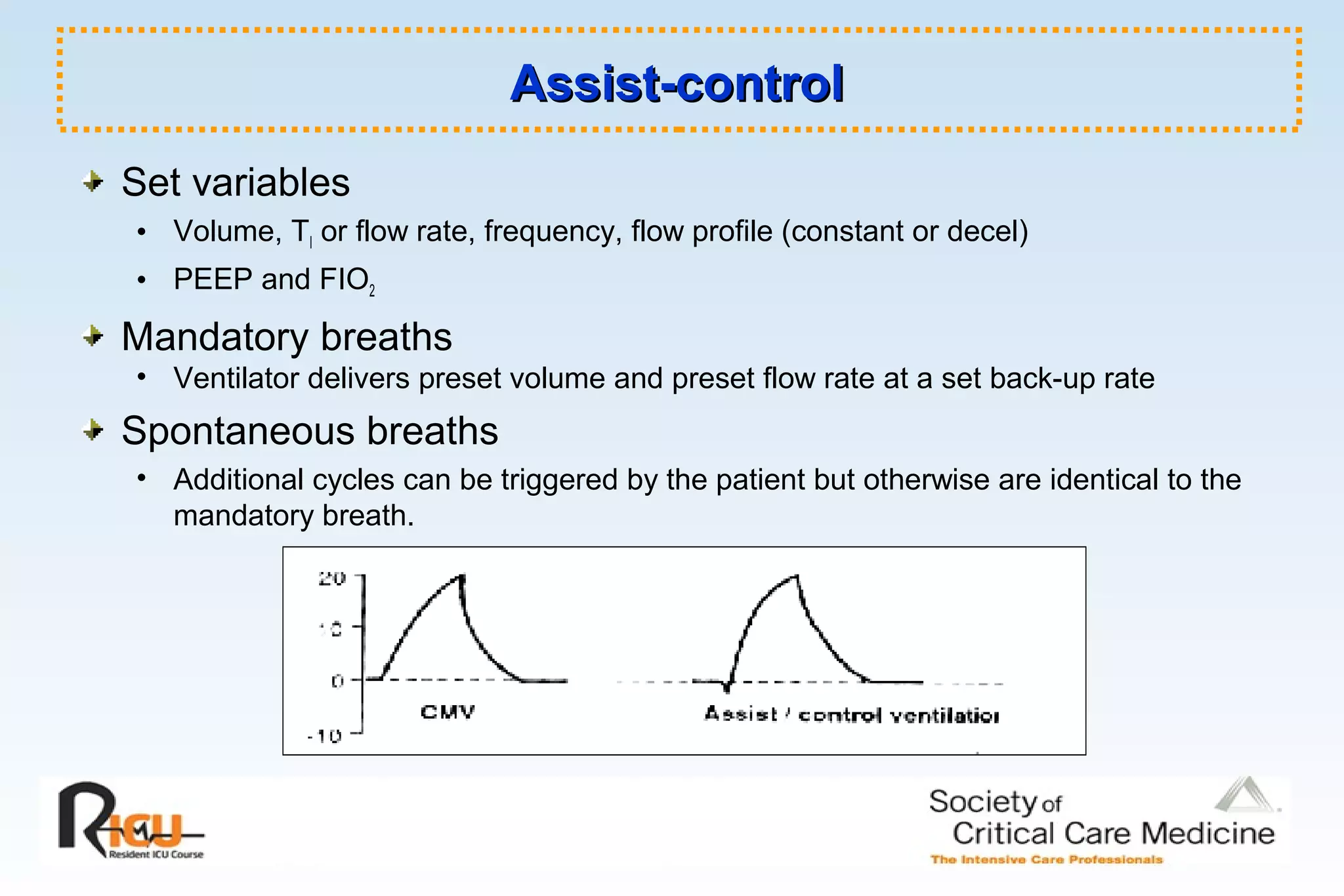 Assist-controlAssist-control
Set variables
• Volume, TI or flow rate, frequency, flow profile (constant or decel)
• PEEP and FIO2
Mandatory breaths
• Ventilator delivers preset volume and preset flow rate at a set back-up rate
Spontaneous breaths
• Additional cycles can be triggered by the patient but otherwise are identical to the
mandatory breath.
 