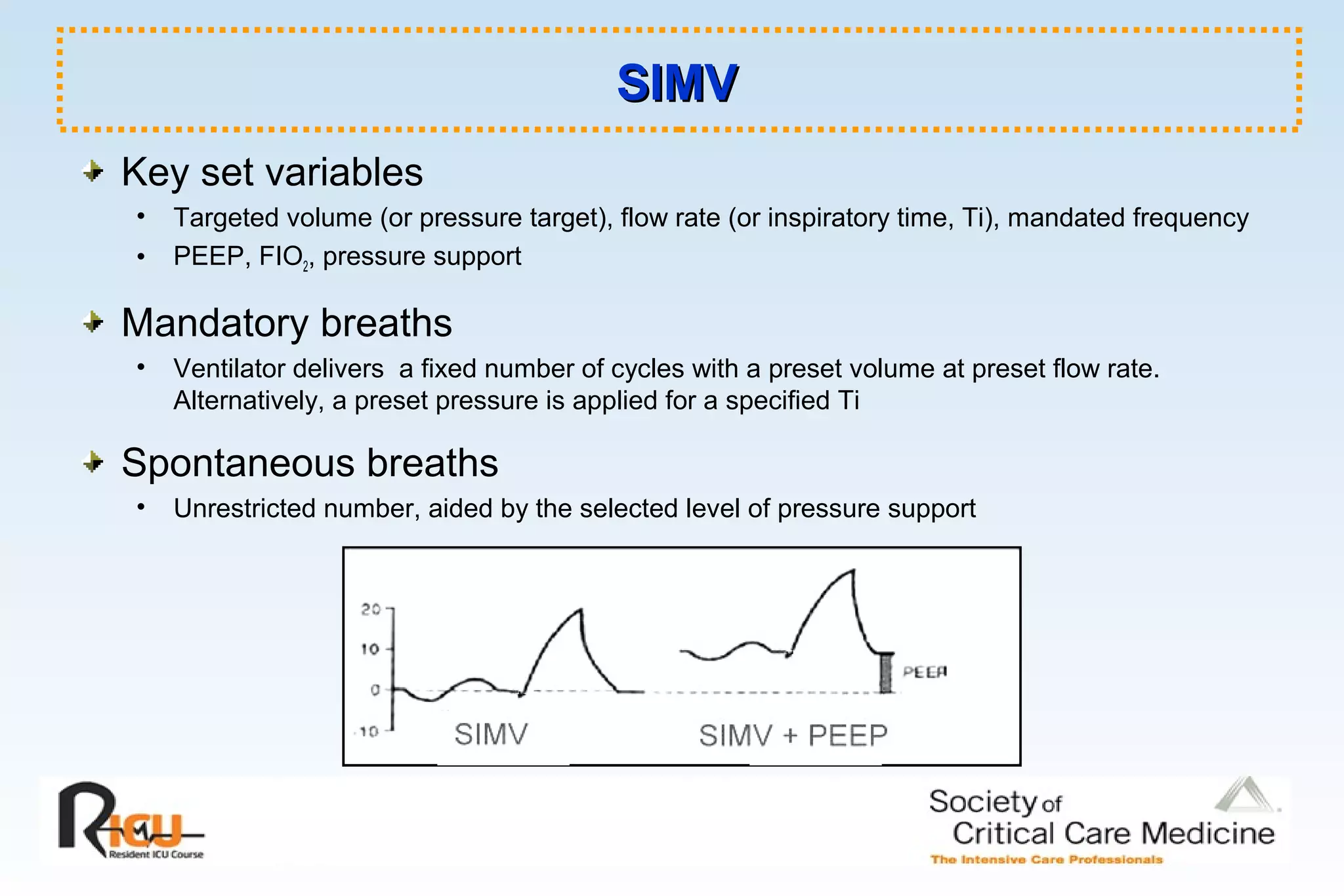 SIMVSIMV
Key set variables
• Targeted volume (or pressure target), flow rate (or inspiratory time, Ti), mandated frequency
• PEEP, FIO2, pressure support
Mandatory breaths
• Ventilator delivers a fixed number of cycles with a preset volume at preset flow rate.
Alternatively, a preset pressure is applied for a specified Ti
Spontaneous breaths
• Unrestricted number, aided by the selected level of pressure support
 