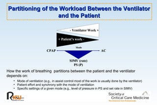 Partitioning of the Workload Between the VentilatorPartitioning of the Workload Between the Ventilator
and the Patientand the Patient
How the work of breathing partitions between the patient and the ventilator
depends on:
• Mode of ventilation (e.g., in assist control most of the work is usually done by the ventilator)
• Patient effort and synchrony with the mode of ventilation
• Specific settings of a given mode (e.g., level of pressure in PS and set rate in SIMV)
 