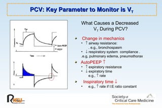 PCV: Key Parameter to Monitor is VPCV: Key Parameter to Monitor is VTT
Change in mechanics
• ↑ airway resistance:
. e.g., bronchospasm
• ↓ respiratory system compliance .
.e.g, pulmonary edema, pneumothorax
AutoPEEP ↑
• ↑ expiratory resistance
• ↓ expiratory time
e.g., ↑ rate
Inspiratory time ↓
• e.g., ↑ rate if I:E ratio constant
What Causes a Decreased
VT During PCV?
 