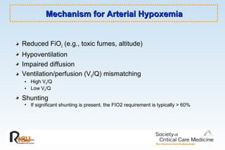 Mechanism for Arterial HypoxemiaMechanism for Arterial Hypoxemia
Reduced FiO2 (e.g., toxic fumes, altitude)
Hypoventilation
Impaired diffusion
Ventilation/perfusion (VA/Q) mismatching
• High VA/Q
• Low VA/Q
Shunting
• If significant shunting is present, the FIO2 requirement is typically > 60%
 