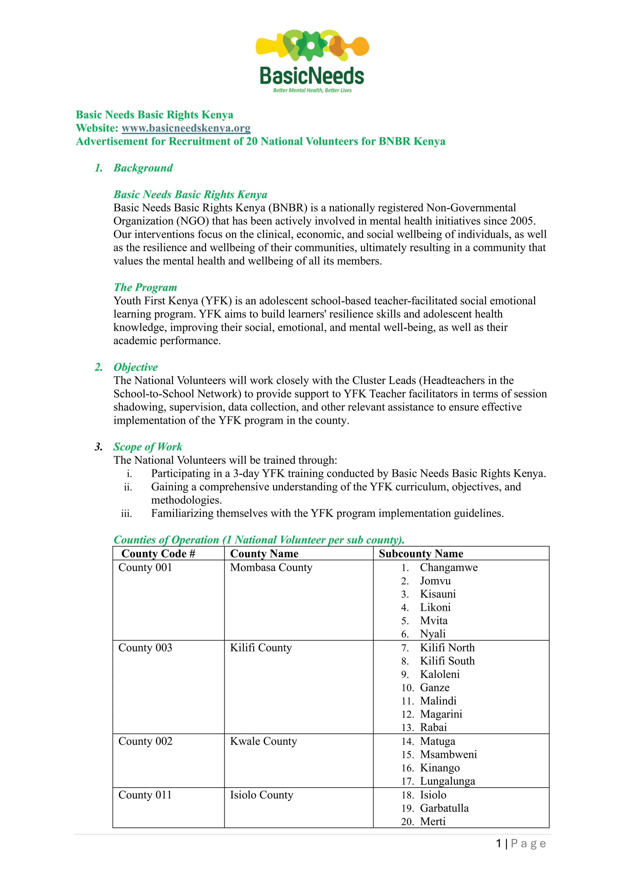 Basic needs basic rights kenya national volunteers advertisement pdf