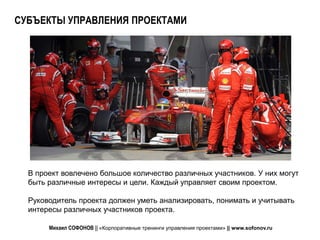 СУБЪЕКТЫ УПРАВЛЕНИЯ ПРОЕКТАМИ




  В проект вовлечено большое количество различных участников. У них могут
  быть различные интересы и цели. Каждый управляет своим проектом.

  Руководитель проекта должен уметь анализировать, понимать и учитывать
  интересы различных участников проекта.

       Михаил СОФОНОВ || «Корпоративные тренинги управления проектами» || www.sofonov.ru
 