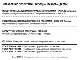 УПРАВЛЕНИЕ ПРОЕКТАМИ: АССОЦИАЦИИ И СТАНДАРТЫ

МЕЖДУНАРОДНАЯ АССОЦИАЦИЯ УПРАВЛЕНИЯ ПРОЕКТАМИ - IPMA, Швейцария
Project Management International Competence Baseline – PM ICB.


РОССИЙСКАЯ АССОЦИАЦИЯ УПРАВЛЕНИЯ ПРОЕКТАМИ – СОВНЕТ, Россия
Национальные требования к компетентности - НТК


ИНСТИТУТ УПРАВЛЕНИЯ ПРОЕКТАМИ - PMI США
Project Management Body Of Knowledge – PMBoK


ISO 21500 – Международный стандарт по управлению проектами

ГОСТ Р54869 2011 – Требования к управлению проектом
ГОСТ Р54870 2011 – Требования к управлению портфелем проектов
ГОСТ Р54871 2011 – Требования к управлению программой

         Михаил СОФОНОВ || «Корпоративные тренинги управления проектами» || www.sofonov.ru
 