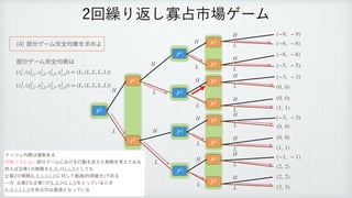 ෦෼ήʔϜ‫׬‬શ‫ߧۉ‬Λ‫ٻ‬ΊΑ
 
 
෦෼ήʔϜ‫׬‬શ‫ߧۉ‬͸
 
 

(x1
1, (x1
2,1, x1
2,2, x1
2,3, x1
2,4)) = (L, (L, L, L, L))
(x2
1, (x2
2,1, x2
2,2, x2
2,3, x2
2,4)) = (L, (L, L, L, L))
ճ‫܁‬Γฦ͠Չ઎ࢢ৔ήʔϜ
̍ʘ ) -
) 
 

- 
 

P1
(−9, − 9)
H
P2
P2
P1
P2
P2
P1
P2
P2
P1
P2
P2
P2
P2
P1
(−6, − 6)
H
H
H
L
L
L
H
L
L
H
L
H
L
H
L
(−6, − 6)
(−5, − 5)
H
L
(−3, − 3)
(0, 0)
H
L
(1, 1)
H
L
(−3, − 3)
(0, 0)
H
L
(0, 0)
(1, 1)
H
L
(−1, − 1)
(2, 2)
H
L
(2, 2)
(3, 3)
H
L
(0, 0)
φογϡ‫ߧۉ‬͸ෳ਺͋Δ
 
‫ߧۉ‬ύεʹͳ͍෦෼ήʔϜʹ͓͚ΔߦಈΛม͑ͨઓུΛߟ͑ͯΈΔ
 
ྫ͑͹‫ۀا‬ͷઓུΛ	-
	-
)
-
-

ͱͯ͠΋
 
‫ۀا‬ͷઓུ	-
	-
-
-
-

ʹରͯ͠࠷ద	རಘ࠷େ
Ͱ͋Δ
 
Ұํ
‫ۀا‬΋‫	͕ۀا‬-
	-
)
-
-

Λͱ͍ͬͯΔͱ͖
 
	-
	-
-
-
-

ΛऔΔͷ͸࠷దͱͳ͍ͬͯΔ
 