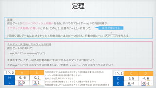 ఆཧ
੒෼ήʔϜ͕ͨͩҰͭͷφογϡ‫ߧۉ‬ Λ΋ͪ
͢΂ͯͷϓϨΠϠʔ ͷ‫ߧۉ‬རಘ͕
 
ϛχϚοΫεརಘ ʹ౳͍͠ͱ͢Δ͜ͷͱ͖
೚ҙͷ ʹରͯ͠

 
ճ‫܁‬Γฦ͠ήʔϜʹ͓͚Δφογϡ‫఺ߧۉ‬͸ ͸ͨͩҰͭଘࡏ͠
ߦಈͷ૊ Λ༩͑Δ
 
ϛχϚοΫεߦಈͱϛχϚοΫεརಘ
੒෼ήʔϜ ʹ͓͍ͯ

 
Λຬͨ͢ϓϨΠϠʔ Ҏ֎ͷߦಈͷ૊ Λ ʹର͢ΔϛχϚοΫεߦಈͱ͍͏
 
͜ͷ ΛϛχϚοΫεརಘΛ͍͍
 Ͱද͢ ΛϛχϚοΫε఺ͱ͍͏
 
 
s* i ∈ N
vi
T = 1,2,⋯
T x* s(x*) = (
T
s*, s*, ⋯, s*)
G
max
si
fi
(si
, ̂
s−i
) = min
s−i
max
si
fi
(si
, s−i
)
i ̂
s−i
i
max
si
fi
(si
, ̂
s−i
) vi
v = (v1
, ⋯, vn
)
ఆཧ
̍ʘ ) -
) 
 

- 
 

৚͕݅૿͑ͯΔ
ࠓճͷ੒෼ήʔϜʹ͓͚ΔϛχϚοΫεརಘ͸‫ۀا‬΋‫ۀا‬΋
 
φογϡ‫͚͓ʹߧۉ‬Δརಘʹ౳͘͠ͳ͍
 
ӈͷΑ͏ͳनਓͷδϨϯϚͩͱ
 
φογϡ‫ߧۉ‬ͷརಘͱϛχϚοΫεརಘ͕Ұக͢ΔͷͰ
 
༗‫ݶ‬ճ‫܁‬Γฦ͠ήʔϜʹ͓͚Δφογϡ‫Ͱߧۉ‬͸	%
%
͕औΒΕଓ͚Δ
̍ʘ $ %
$ 
 

% 
 

 