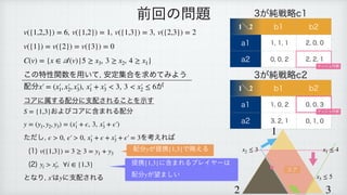  
 
 
͜ͷಛੑؔ਺Λ༻͍ͯ
҆ఆू߹Λ‫ٻ‬ΊͯΈΑ͏
഑෼ 
 ͕
 
ίΞʹଐ͢Δ഑෼ʹࢧ഑͞ΕΔ͜ͱΛࣔ͢
 
͓ΑͼίΞʹ‫·ؚ‬ΕΔ഑෼
 
 
ͨͩ͠
 Λߟ͑Ε͹
 
	

 
	

 
ͱͳΓ
 ͸ ʹࢧ഑͞ΕΔ
v({1,2,3}) = 6 v({1,2}) = 1 v({1,3}) = 3 v({2,3}) = 2
v({1}) = v({2}) = v({3}) = 0
C(v) = {x ∈
𝒜
(v)|5 ≥ x3, 3 ≥ x2, 4 ≥ x1}
x′
￼
= (x′
￼
1, x′
￼
2, x′
￼
3), x′
￼
1 + x′
￼
3  3 3  x′
￼
2 ≤ 6
S = {1,3}
y = (y1, y2, y3) = (x′
￼
1 + ϵ, 3, x′
￼
3 + ϵ′
￼
)
ϵ  0, ϵ′
￼
 0, x′
￼
1 + ϵ + x′
￼
3 + ϵ′
￼
= 3
v({1,3}) = 3 ≥ 3 = y1 + y3
yi  x′
￼
i, ∀i ∈ {1,3}
x′
￼
y
લճͷ໰୊ ͕७ઓུD
1ʘ2 C C
B 

 


B 

 


͕७ઓུD
1ʘ2 C C
B 

 


B 

 


φογϡ‫ߧۉ‬
φογϡ‫ߧۉ‬
1
2 3
x1 ≤ 4
x2 ≤ 3
x3 ≤ 5
ίΞ
഑෼ ͕ఏ‫ܞ‬ Ͱ࿫͑Δ
y {1,3}
ఏ‫ܞ‬ ʹ‫·ؚ‬ΕΔϓϨΠϠʔ͸
 
഑෼ ͕๬·͍͠
{1,3}
y
 