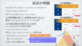  
 
 
͜ͷಛੑؔ਺Λ༻͍ͯ
҆ఆू߹Λ‫ٻ‬ΊͯΈΑ͏
഑෼ 
 ͕
 
ίΞʹଐ͢Δ഑෼ʹࢧ഑͞ΕΔ͜ͱΛࣔ͢
 
͓ΑͼίΞʹ‫·ؚ‬ΕΔ഑෼
 
 
ͨͩ͠
 Λߟ͑Ε͹
 
	

 
	

 
ͱͳΓ
 ͸ ʹࢧ഑͞ΕΔ
v({1,2,3}) = 6 v({1,2}) = 1 v({1,3}) = 3 v({2,3}) = 2
v({1}) = v({2}) = v({3}) = 0
C(v) = {x ∈
𝒜
(v)|5 ≥ x3, 3 ≥ x2, 4 ≥ x1}
x′
￼
′
￼
= (x′
￼
′
￼
1, x′
￼
′
￼
2, x′
￼
′
￼
3), x′
￼
′
￼
1 + x′
￼
′
￼
2  1 5  x′
￼
′
￼
3 ≤ 6
S = {1,2}
y = (y1, y2, y3) = (x′
￼
′
￼
1 + ϵ, x′
￼
′
￼
2 + ϵ′
￼
,5)
ϵ  0, ϵ′
￼
 0, x′
￼
′
￼
1 + ϵ + x′
￼
′
￼
2 + ϵ′
￼
= 1
v({1,2}) = 1 ≥ 1 = y1 + y2
yi  x′
￼
′
￼
i , ∀i ∈ {1,2}
x′
￼
′
￼
y
લճͷ໰୊ ͕७ઓུD
1ʘ2 C C
B 

 


B 

 


͕७ઓུD
1ʘ2 C C
B 

 


B 

 


φογϡ‫ߧۉ‬
φογϡ‫ߧۉ‬
1
2 3
x1 ≤ 4
x2 ≤ 3
x3 ≤ 5
ίΞ
഑෼ ͕ఏ‫ܞ‬ Ͱ࿫͑Δ
y {1,2}
ఏ‫ܞ‬ ʹ‫·ؚ‬ΕΔϓϨΠϠʔ͸
 
഑෼ ͕๬·͍͠
{1,2}
y
 