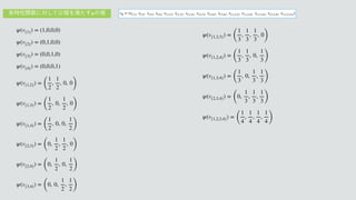     
 
   
 
ψ(v{1}) = (1,0,0,0)
ψ(v{2}) = (0,1,0,0)
ψ(v{3}) = (0,0,1,0)
ψ(v{4}) = (0,0,0,1)
ψ(v{1,2}) =
(
1
2
,
1
2
, 0, 0
)
ψ(v{1,3}) =
(
1
2
, 0,
1
2
, 0
)
ψ(v{1,4}) =
(
1
2
, 0, 0,
1
2)
ψ(v{2,3}) =
(
0,
1
2
,
1
2
, 0
)
ψ(v{2,4}) =
(
0,
1
2
, 0,
1
2)
ψ(v{3,4}) =
(
0, 0,
1
2
,
1
2)
 
   
 
 
ψ(v{1,2,3}) =
(
1
3
,
1
3
,
1
3
, 0
)
ψ(v{1,2,4}) =
(
1
3
,
1
3
, 0,
1
3)
ψ(v{1,3,4}) =
(
1
3
, 0,
1
3
,
1
3)
ψ(v{2,3,4}) =
(
0,
1
3
,
1
3
,
1
3)
ψ(v{1,2,3,4}) =
(
1
4
,
1
4
,
1
4
,
1
4)
vR = (x{1}, x{2}, x{3}, x{4}, x{1,2}, x{1,3}, x{1,4}, x{2,3}, x{2,4}, x{3,4}, x{1,2,3}, x{1,2,4}, x{1,3,4}, x{2,3,4}, x{1,2,3,4})
֤ಛੑؔ਺ʹରͯ͠ެཧΛຬͨ͢ ͷ஋
ψ
 