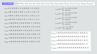 ਓήʔϜͷ‫ج‬ఈͱͳΔಛੑؔ਺
    
     
v{1} = (1, 0, 0, 0, 1, 1, 1, 0, 0, 0, 1, 1, 1, 0, 1)
v{2} = (0, 1, 0, 0, 1, 0, 0, 1, 1, 0, 1, 1, 0, 1, 1)
v{3} = (0, 0, 1, 0, 0, 1, 0, 1, 0, 1, 1, 0, 1, 1, 1)
v{4} = (0, 0, 0, 1, 0, 0, 1, 0, 1, 1, 0, 1, 1, 1, 1)
v{1,2} = (0, 0, 0, 0, 1, 0, 0, 0, 0, 0, 1, 1, 0, 0, 1)
v{1,3} = (0, 0, 0, 0, 0, 1, 0, 0, 0, 0, 1, 0, 1, 0, 1)
v{1,4} = (0, 0, 0, 0, 0, 0, 1, 0, 0, 0, 0, 1, 1, 0, 1)
v{2,3} = (0, 0, 0, 0, 0, 0, 0, 1, 0, 0, 1, 0, 0, 1, 1)
v{2,4} = (0, 0, 0, 0, 0, 0, 0, 0, 1, 0, 0, 1, 0, 1, 1)
v{3,4} = (0, 0, 0, 0, 0, 0, 0, 0, 0, 1, 0, 0, 1, 1, 1)
    
 
  
v{1,2,3}(S) =
{
1 S = {1,2,3}, {1,2,3,4}
0 otherwise
v{1,2,4}(S) =
{
1 S = {1,2,4}, {1,2,3,4}
0 otherwise
v{1,3,4}(S) =
{
1 S = {1,3,4}, {1,2,3,4}
0 otherwise
v{2,3,4}(S) =
{
1 S = {2,3,4}, {1,2,3,4}
0 otherwise
v{1,2,3,4}(S) =
{
1 S = {1,2,3,4}
0 otherwise
ϕΫτϧද‫ه‬ vR = (x{1}, x{2}, x{3}, x{4}, x{1,2}, x{1,3}, x{1,4}, x{2,3}, x{2,4}, x{3,4}, x{1,2,3}, x{1,2,4}, x{1,3,4}, x{2,3,4}, x{1,2,3,4})
    
v{1,2,3} = (0, 0, 0, 0, 0, 0, 0, 0, 0, 0, 1, 0, 0, 0, 1)
v{1,2,4} = (0, 0, 0, 0, 0, 0, 0, 0, 0, 0, 0, 1, 0, 0, 1)
v{1,3,4} = (0, 0, 0, 0, 0, 0, 0, 0, 0, 0, 0, 0, 1, 0, 1)
v{2,3,4} = (0, 0, 0, 0, 0, 0, 0, 0, 0, 0, 0, 0, 0, 1, 1)
v{1,2,3,4} = (0, 0, 0, 0, 0, 0, 0, 0, 0, 0, 0, 0, 0, 0, 1)
 