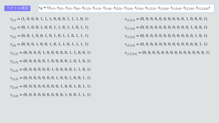 ਓήʔϜͷ‫ج‬ఈͱͳΔಛੑؔ਺
    
     
v{1} = (1, 0, 0, 0, 1, 1, 1, 0, 0, 0, 1, 1, 1, 0, 1)
v{2} = (0, 1, 0, 0, 1, 0, 0, 1, 1, 0, 1, 1, 0, 1, 1)
v{3} = (0, 0, 1, 0, 0, 1, 0, 1, 0, 1, 1, 0, 1, 1, 1)
v{4} = (0, 0, 0, 1, 0, 0, 1, 0, 1, 1, 0, 1, 1, 1, 1)
v{1,2} = (0, 0, 0, 0, 1, 0, 0, 0, 0, 0, 1, 1, 0, 0, 1)
v{1,3} = (0, 0, 0, 0, 0, 1, 0, 0, 0, 0, 1, 0, 1, 0, 1)
v{1,4} = (0, 0, 0, 0, 0, 0, 1, 0, 0, 0, 0, 1, 1, 0, 1)
v{2,3} = (0, 0, 0, 0, 0, 0, 0, 1, 0, 0, 1, 0, 0, 1, 1)
v{2,4} = (0, 0, 0, 0, 0, 0, 0, 0, 1, 0, 0, 1, 0, 1, 1)
v{3,4} = (0, 0, 0, 0, 0, 0, 0, 0, 0, 1, 0, 0, 1, 1, 1)
    
 
  
v{1,2,3} = (0, 0, 0, 0, 0, 0, 0, 0, 0, 0, 1, 0, 0, 0, 1)
v{1,2,4} = (0, 0, 0, 0, 0, 0, 0, 0, 0, 0, 0, 1, 0, 0, 1)
v{1,3,4} = (0, 0, 0, 0, 0, 0, 0, 0, 0, 0, 0, 0, 1, 0, 1)
v{2,3,4} = (0, 0, 0, 0, 0, 0, 0, 0, 0, 0, 0, 0, 0, 1, 1)
v{1,2,3,4} = (0, 0, 0, 0, 0, 0, 0, 0, 0, 0, 0, 0, 0, 0, 1)
ϕΫτϧද‫ه‬ vR = (x{1}, x{2}, x{3}, x{4}, x{1,2}, x{1,3}, x{1,4}, x{2,3}, x{2,4}, x{3,4}, x{1,2,3}, x{1,2,4}, x{1,3,4}, x{2,3,4}, x{1,2,3,4})
 