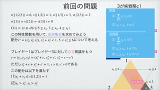 , , ,
 
 
 
この特性関数を用いて, 交渉集合を求めてみよう
配分 , について考える
 
 
プレイヤー1はプレイヤー3に対して必ず異議をもつ
 
 
ただし , である
 
この配分は以下を満たす
 
(1)
 
(2)
v({1,2,3}) = 6 v({1,2}) = 1 v({1,3}) = 3 v({2,3}) = 2
v({1}) = v({2}) = v({3}) = 0
C(v) = {x ∈
𝒜
(v)|5 ≥ x3, 3 ≥ x2, 4 ≥ x1}
x′
￼
′
￼
= (x′
￼
′
￼
1, x′
￼
′
￼
2, x′
￼
′
￼
3), x′
￼
′
￼
1 + x′
￼
′
￼
2 < 1 5 < x′
￼
′
￼
3 ≤ 6
y = (y1, y2, y3) = (x′
￼
′
￼
1 + ϵ, x′
￼
′
￼
2 + ϵ′
￼
, x′
￼
′
￼
3 − ϵ − ϵ′
￼
)
x′
￼
′
￼
1 + ϵ + x′
￼
′
￼
2 + ϵ′
￼
= 1 ϵ > 0, ϵ′
￼
> 0
y1 + y1 ≤ v({1,2}) = 1
y1 > x′
￼
′
￼
1, y2 > x′
￼
′
￼
2
前回の問題 3が純戦略c1
1＼2 b1 b2
a1 1, 1, 1 2, 0, 0
a2 0, 0, 2 2, 2, 1
3が純戦略c2
1＼2 b1 b2
a1 1, 0, 2 0, 0, 3
a2 3, 2, 1 0, 1, 0
ナッシュ均衡
ナッシュ均衡
1
2 3
x1 ≤ 4
x2 ≤ 3
x3 ≤ 5
コア
安定集合
異議
(1)
 
(2)
∑
k∈S
yk ≤ v(S)
yk > xk, k ∈ S
逆異議
(1)
 
(2)
 
(3)
∑
k∈T
zk ≤ v(T)
zk ≥ xk, k ∈ TS
zk ≥ yk, k ∈ T ∩ S
 