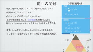 , , ,
 
 
 
この特性関数を用いて, 交渉集合を求めてみよう
配分 , について考える
 
まず, かつ , であるため,
 
プレイヤー は他のプレイヤーに対して異議をもたない.
 
 
v({1,2,3}) = 6 v({1,2}) = 1 v({1,3}) = 3 v({2,3}) = 2
v({1}) = v({2}) = v({3}) = 0
C(v) = {x ∈
𝒜
(v)|5 ≥ x3, 3 ≥ x2, 4 ≥ x1}
x = (x1, x2, x3), x2 + x3 < 2 4 < x1 ≤ 6
4 < x1 v({1,2}) = 1 v({1,3}) = 3
1
前回の問題 3が純戦略c1
1＼2 b1 b2
a1 1, 1, 1 2, 0, 0
a2 0, 0, 2 2, 2, 1
3が純戦略c2
1＼2 b1 b2
a1 1, 0, 2 0, 0, 3
a2 3, 2, 1 0, 1, 0
ナッシュ均衡
ナッシュ均衡
1
2 3
x1 ≤ 4
x2 ≤ 3
x3 ≤ 5
コア
安定集合
異議
(1)
 
(2)
∑
k∈S
yk ≤ v(S)
yk > xk, k ∈ S
逆異議
(1)
 
(2)
 
(3)
∑
k∈T
zk ≤ v(T)
zk ≥ xk, k ∈ TS
zk ≥ yk, k ∈ T ∩ S
 