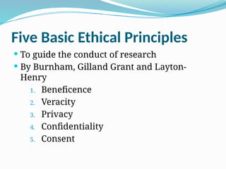 Five Basic Ethical Principles
 To guide the conduct of research
 By Burnham, Gilland Grant and Layton-
Henry
1. Beneficence
2. Veracity
3. Privacy
4. Confidentiality
5. Consent
 