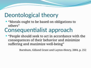 Deontological theory
 “Morals ought to be based on obligations to
others”
Consequentialist approach
 “People should seek to act in accordance with the
consequences of their behavior and minimize
suffering and maximize well-being”
Burnham, Gilland Grant and Layton-Henry, 2004, p. 252
 