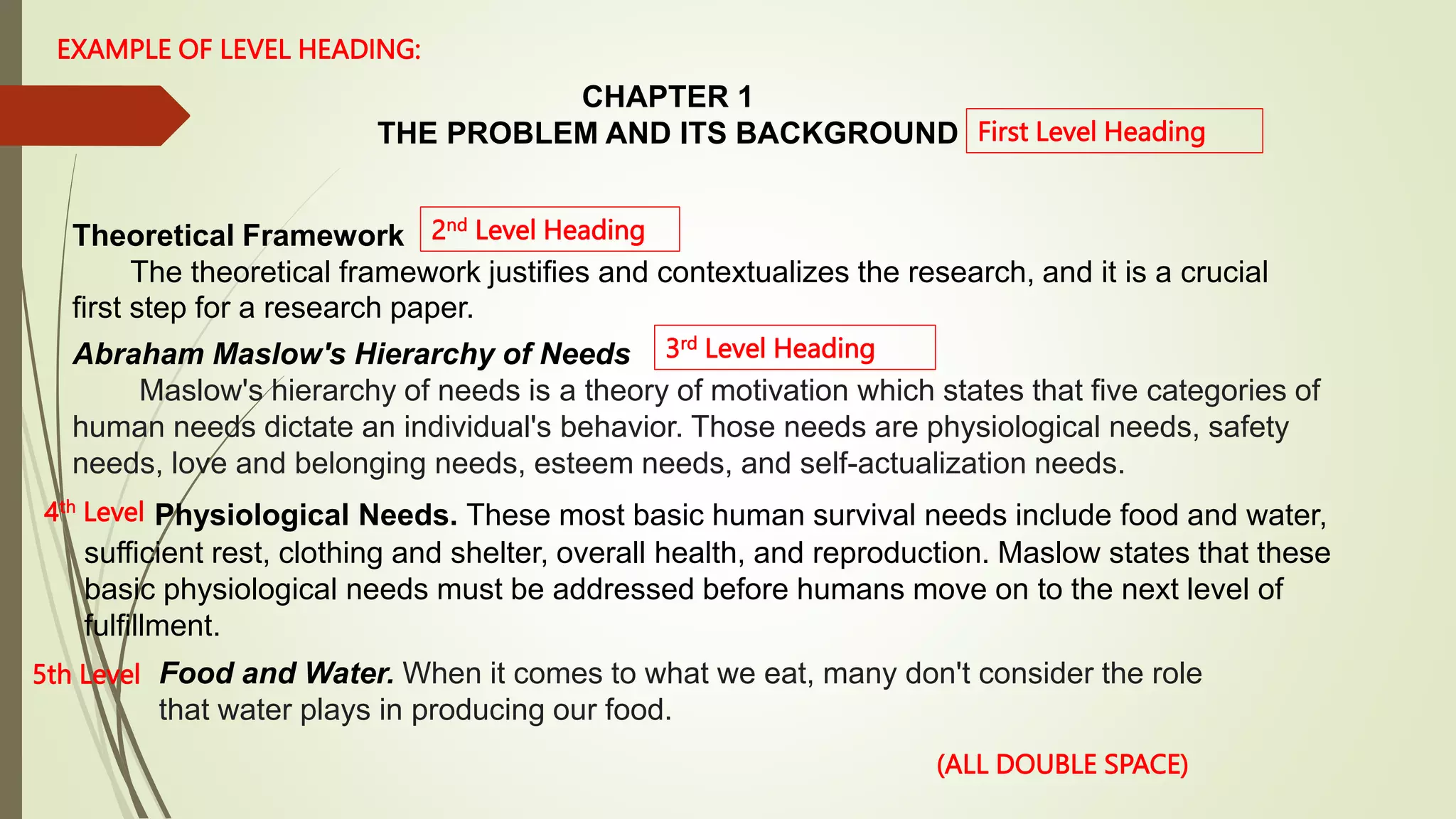 CHAPTER 1
THE PROBLEM AND ITS BACKGROUND
Theoretical Framework
The theoretical framework justifies and contextualizes the research, and it is a crucial
first step for a research paper.
Abraham Maslow's Hierarchy of Needs
Maslow's hierarchy of needs is a theory of motivation which states that five categories of
human needs dictate an individual's behavior. Those needs are physiological needs, safety
needs, love and belonging needs, esteem needs, and self-actualization needs.
Physiological Needs. These most basic human survival needs include food and water,
sufficient rest, clothing and shelter, overall health, and reproduction. Maslow states that these
basic physiological needs must be addressed before humans move on to the next level of
fulfillment.
First Level Heading
2nd Level Heading
3rd Level Heading
EXAMPLE OF LEVEL HEADING:
4th Level
5th Level Food and Water. When it comes to what we eat, many don't consider the role
that water plays in producing our food.
(ALL DOUBLE SPACE)
 