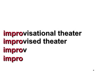impro visational theater <ul><li>impro vised theater </li></ul><ul><li>impro v </li></ul><ul><li>impro </li></ul>