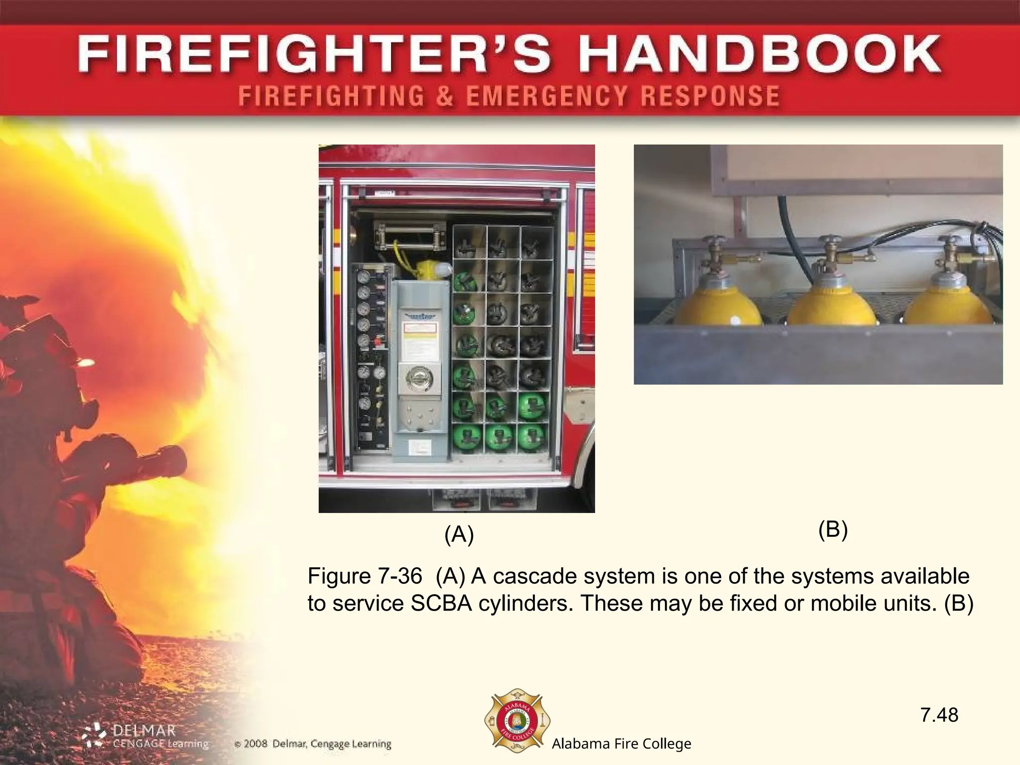 Alabama Fire College
7.48
Figure 7-36 (A) A cascade system is one of the systems available
to service SCBA cylinders. These may be fixed or mobile units. (B)
(A) (B)
 