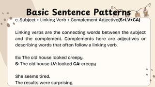 Basic Sentence Patterns
c. Subject + Linking Verb + Complement Adjective(S+LV+CA)
Linking verbs are the connecting words between the subject
and the complement. Complements here are adjectives or
describing words that often follow a linking verb.
Ex: The old house looked creepy.
S: The old house LV: looked CA: creepy
She seems tired.
The results were surprising.
 
