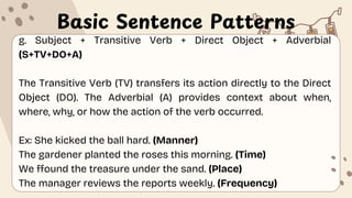 Basic Sentence Patterns
g. Subject + Transitive Verb + Direct Object + Adverbial
(S+TV+DO+A)
The Transitive Verb (TV) transfers its action directly to the Direct
Object (DO). The Adverbial (A) provides context about when,
where, why, or how the action of the verb occurred.
Ex: She kicked the ball hard. (Manner)
The gardener planted the roses this morning. (Time)
We ffound the treasure under the sand. (Place)
The manager reviews the reports weekly. (Frequency)
 