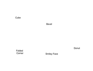 Cube

         Bevel




                       Donut
Folded
Corner   Smiley Face
 