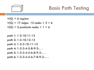 Basis Path Testing V(G) = 6 regions V(G) = 17 edges  13 nodes + 2 = 6 V(G) = 5 predicate nodes + 1 = 6 path 1: 1-2-10-11-13 path 2: 1-2-10-12-13 path 3: 1-2-3-10-11-13 path 4: 1-2-3-4-5-8-9-2-. . . path 5: 1-2-3-4-5-6-8-9-2-. . . path 6: 1-2-3-4-5-6-7-8-9-2-. . . 