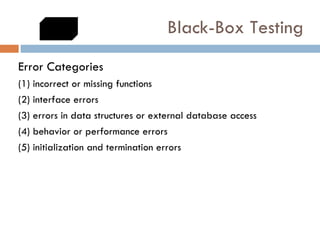 Black-Box Testing Error Categories (1) incorrect or missing functions (2) interface errors (3) errors in data structures or external database access (4) behavior or performance errors (5) initialization and termination errors 