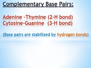 Complementary Base Pairs:
Adenine –Thymine (2-H bond)
Cytosine-Guanine (3-H bond)
(Base pairs are stabilized by hydrogen bonds)
 