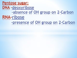 Pentose sugar:
DNA -deoxyribose
-absence of OH group on 2-Carbon
RNA-ribose
-presence of OH group on 2-Carbon
 
