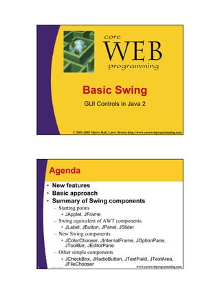 1
1 © 2001-2003 Marty Hall, Larry Brown http://www.corewebprogramming.com
Web
core
programming
Basic Swing
GUI Controls in Java 2
Basic Swing2 www.corewebprogramming.com
Agenda
• New features
• Basic approach
• Summary of Swing components
– Starting points
• JApplet, JFrame
– Swing equivalent of AWT components
• JLabel, JButton, JPanel, JSlider
– New Swing components
• JColorChooser, JInternalFrame, JOptionPane,
JToolBar, JEditorPane
– Other simple components
• JCheckBox, JRadioButton, JTextField, JTextArea,
JFileChooser
 