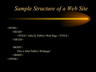 Sample Structure of a Web Site
<HTML>
<HEAD>
<TITLE> John Q. Public's Web Page </TITLE>
</HEAD>
<BODY>
This is John Public's Webpage!
</BODY>
</HTML>
 