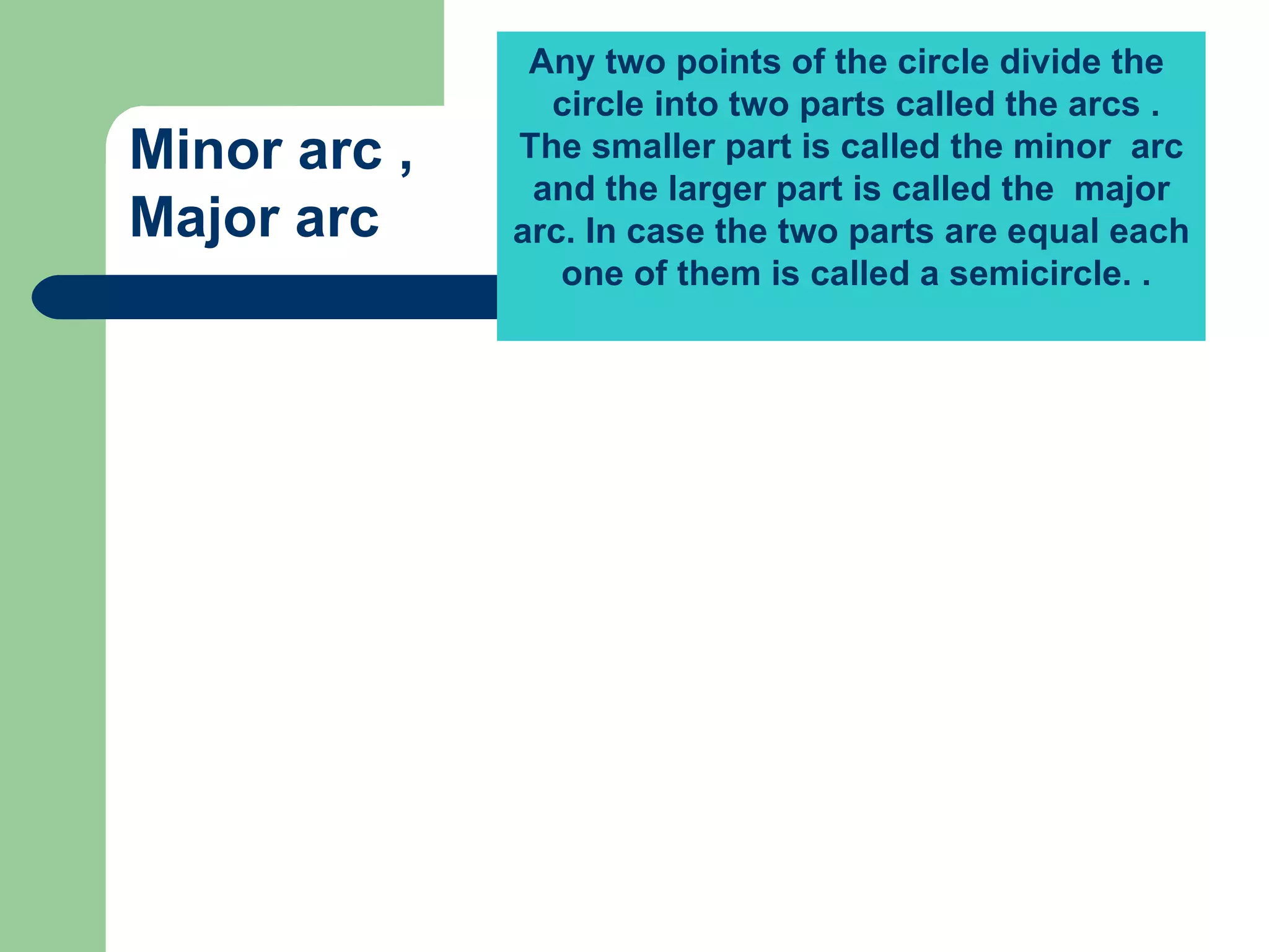 Any two points of the circle divide the  circle into two parts called the arcs . The smaller part is called the minor  arc and the larger part is called the  major arc. In case the two parts are equal each  one of them is called a semicircle.   . Horizontal lines region is the minor segment and the remaining circular region is the major segment Minor arc , Major arc 