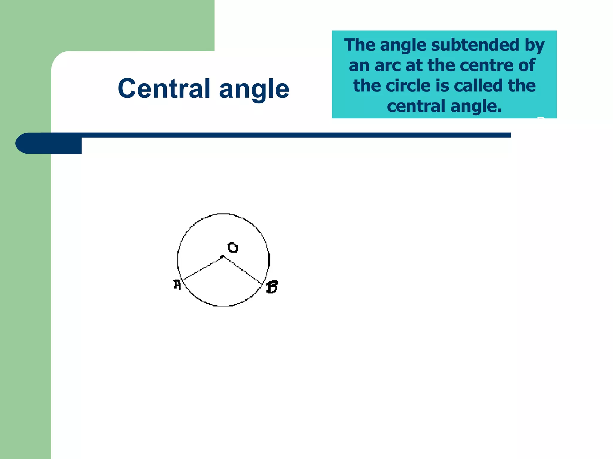 The angle subtended by an arc at the centre of  the circle is called the central angle. A B Central angle 