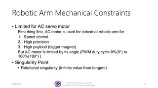 Robotic Arm Mechanical Constraints
• Limited for AC servo motor
First thing first, AC motor is used for industrial robotic arm for
1. Speed control
2. High precision
3. High payload (bigger magnet)
But AC motor is limited by its angle (PWM duty cycle 0%(0°) to
100%(180°) )
• Singularity Point
• Rotational singularity (Infinite value from tangent)
2018/8/30
National Chiao-Tung University
Department of Electronics Engineering
10
 