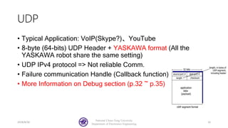 UDP
• Typical Application: VoIP(Skype?)、YouTube
• 8-byte (64-bits) UDP Header + YASKAWA format (All the
YASKAWA robot share the same setting)
• UDP IPv4 protocol => Not reliable Comm.
• Failure communication Handle (Callback function)
• More Information on Debug section (p.32 ~ p.35)
2018/8/30
National Chiao-Tung University
Department of Electronics Engineering
16
 