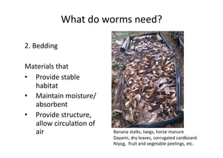 What	do	worms	need?	
2.	Bedding	
Materials	that	
•  Provide	stable	
habitat	
•  Maintain	moisture/	
absorbent	
•  Provide	structure,	
allow	circulaNon	of	
air	 Banana	stalks,	twigs,	horse	manure	
Dayami,	dry	leaves,	corrugated	cardboard	
Niyog,		fruit	and	vegetable	peelings,	etc.			
 