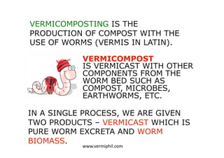 VERMICOMPOST
IS VERMICAST WITH OTHER
COMPONENTS FROM THE
WORM BED SUCH AS
COMPOST, MICROBES,
EARTHWORMS, ETC.
www.vermiphil.com	
VERMICOMPOSTING IS THE
PRODUCTION OF COMPOST WITH THE
USE OF WORMS (VERMIS IN LATIN).
IN A SINGLE PROCESS, WE ARE GIVEN
TWO PRODUCTS – VERMICAST WHICH IS
PURE WORM EXCRETA AND WORM
BIOMASS.
 
