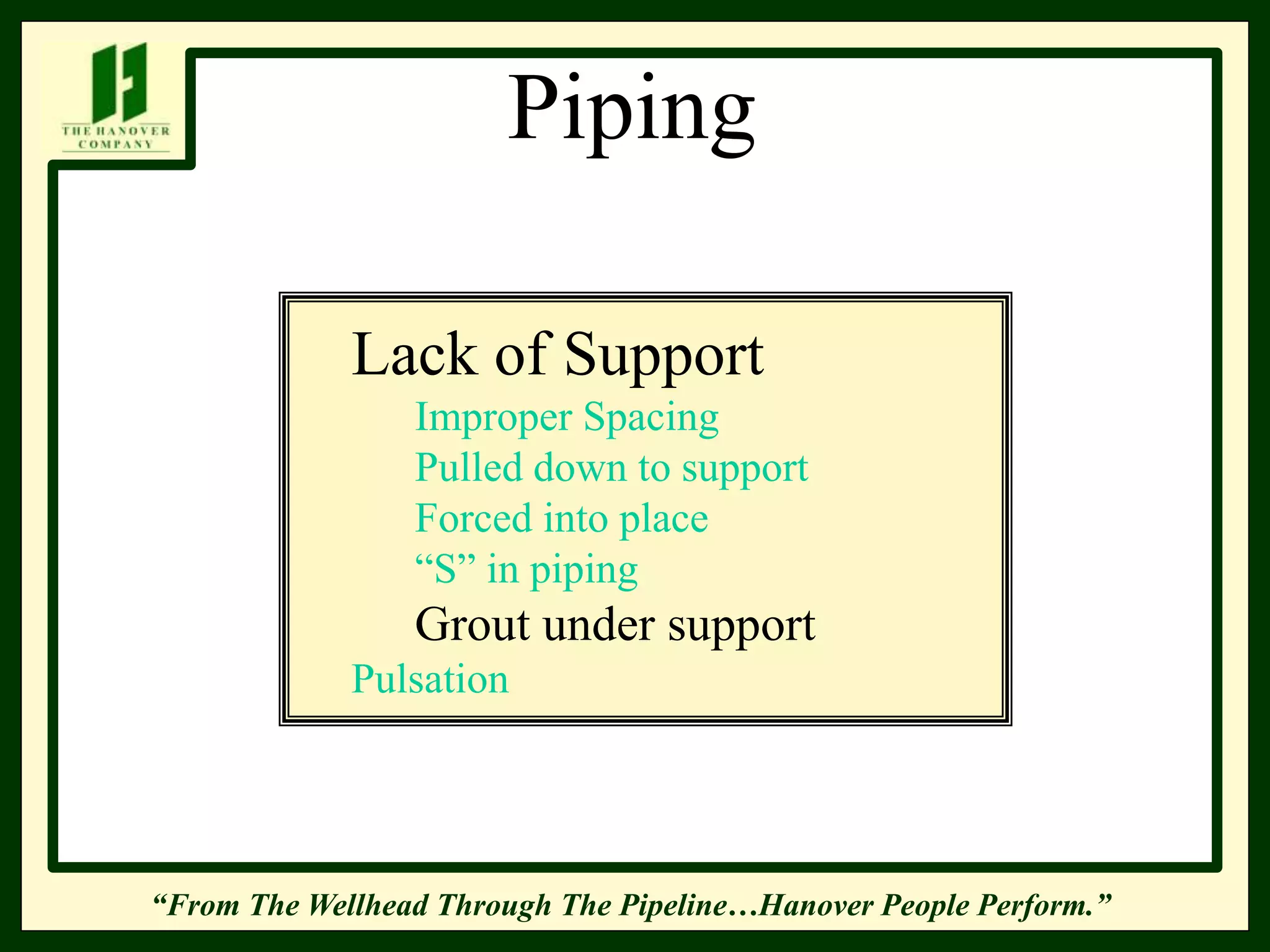“From The Wellhead Through The Pipeline…Hanover People Perform.”
Piping
Lack of Support
Improper Spacing
Pulled down to support
Forced into place
“S” in piping
Grout under support
Pulsation
 