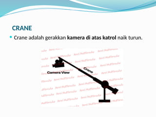 CRANE
 Crane adalah gerakkan kamera di atas katrol naik turun.
 