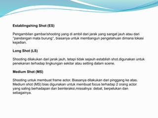 Establingshing Shot (ES)
Pengambilan gambar/shooting yang di ambil dari jarak yang sangat jauh atau dari
“pandangan mata burung”, biasanya untuk membangun pengetahuan dimana lokasi
kejadian.
Long Shot (LS)
Shooting dilakukan dari jarak jauh, tetapi tidak sejauh establish shot.digunakan untuk
penekanan terhadap lingkungan sekitar atau setting dalam scene.
Medium Shot (MS)
Shooting untuk membuat frame actor. Biasanya dilakukan dari pinggang ke atas.
Medium shot (MS) bias digunakan untuk membuat focus terhadap 2 orang actor
yang saling berhadapan dan beinteraksi,missalnya: debat, berpelukan dan
sebagainya.
 