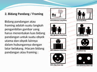 2. Bidang Pandang / Framing
Bidang pandangan atau
framing adalah suatu langkah
pengambilan gambar yang
harus menentukan luas bidang
pandangan untuk suatu obyek
utama dan obyek lainnya
dalam hubungannya dengan
latar belakang. Macam bidang
pandangan atau framing :
 