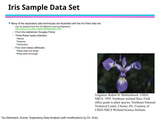 Tan,Steinbach, Kumar: Exploratory Data Analysis (with modifications by Ch. Eick)
Iris Sample Data Set
 Many of the exploratory data techniques are illustrated with the Iris Plant data set.
– Can be obtained from the UCI Machine Learning Repository
http://www.ics.uci.edu/~mlearn/MLRepository.html
– From the statistician Douglas Fisher
– Three flower types (classes):
Setosa
Virginica
Versicolour
– Four (non-class) attributes
Sepal width and length
Petal width and length
Virginica. Robert H. Mohlenbrock. USDA
NRCS. 1995. Northeast wetland flora: Field
office guide to plant species. Northeast National
Technical Center, Chester, PA. Courtesy of
USDA NRCS Wetland Science Institute.
 
