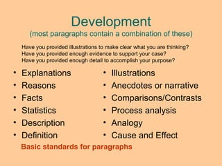 Development (most paragraphs contain a combination of these) Explanations Reasons Facts Statistics Description Definition Illustrations Anecdotes or narrative Comparisons/Contrasts Process analysis Analogy Cause and Effect Have you provided illustrations to make clear what you are thinking? Have you provided enough evidence to support your case? Have you provided enough detail to accomplish your purpose? Basic standards for paragraphs 