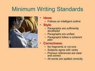Minimum Writing Standards Ideas :  Follows an intelligent outline Style :   Paragraphs are sufficiently developed Paragraphs are unified Paragraphs follow a coherent plan Correctness :  No fragments or run-ons Subjects agree with verbs Pronoun references are clear and correct All words are spelled correctly 