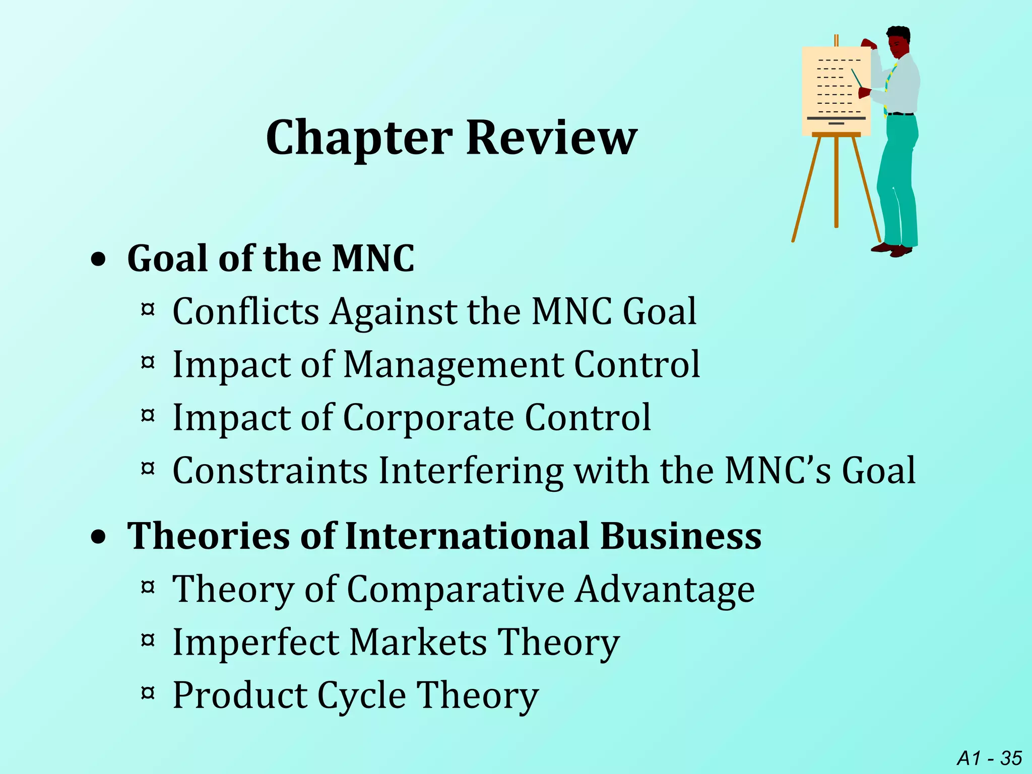 A1 - 35
Chapter Review
• Goal of the MNC
¤ Conflicts Against the MNC Goal
¤ Impact of Management Control
¤ Impact of Corporate Control
¤ Constraints Interfering with the MNC’s Goal
• Theories of International Business
¤ Theory of Comparative Advantage
¤ Imperfect Markets Theory
¤ Product Cycle Theory
 