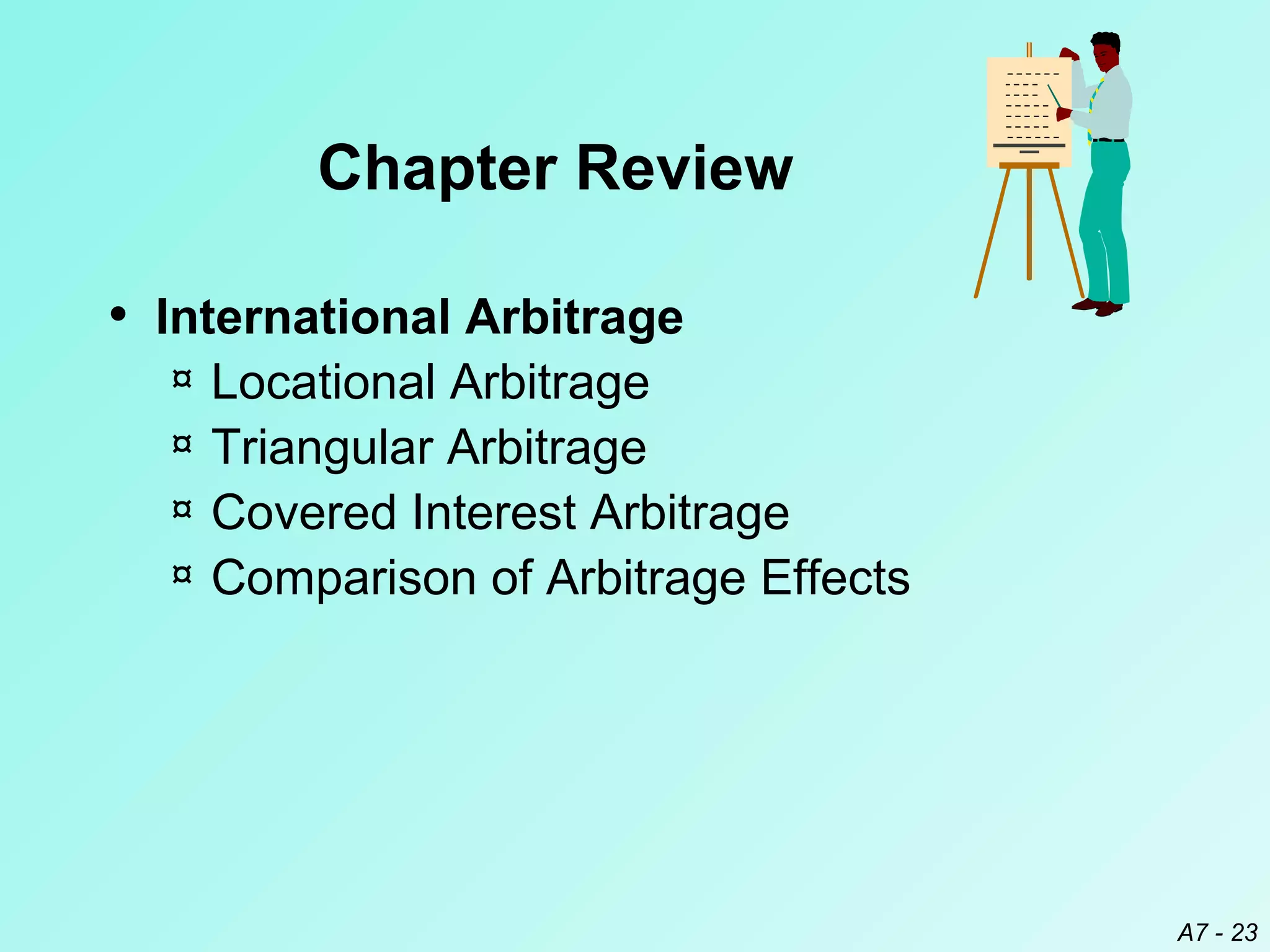 Chapter Review
• International Arbitrage
¤
¤
¤
¤

Locational Arbitrage
Triangular Arbitrage
Covered Interest Arbitrage
Comparison of Arbitrage Effects

A7 - 23

 